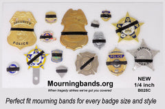 Black silicone mourning band 0.2 inches shown on a variety of badges widths fits badges 0.5 to 2.25 inches offered by badgeart. 