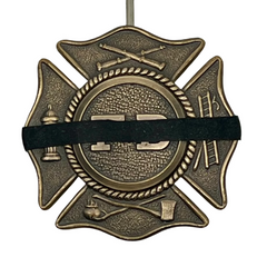 New Product Black silicone mourning band 0.2 inches wide fits badges 1.2 to 2.25 inches offered by badgeart. Band shown on a Maltese firefighters badge against size graph.