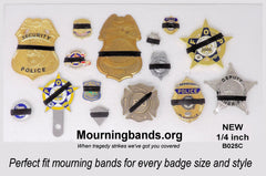 Black silicone mourning band 1/4 inches shown on a variety of badges widths fits badges 0.5 to 2.25 inches offered by badgeart.