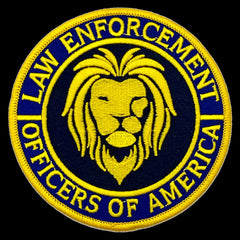 Law Enforcement Officers of America 4 Inch Shoulder Patch for  Patch for all Law Enforcement Officers is 4" diameter featuring a lion's head emerging from a field of black in the middle of a blue border with the words LAW ENFORCEMENT OFFICERS OF AMERICAN. All raised embroidered text and features are in yellow gold.   #4LEOA