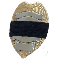 Black 1 inch mourning band for metal polce, fire, ems and other badges by Badgeart on gold and silver badge offered by mourningbands.org