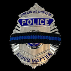 Fidelis AD Mortem badge with badgeart thin blue line mourning band  1/2 inch on Police Lives M<atter Fidelis Ad Mortem Faithful onto death badge