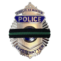 thin green line mourning band by badgeart 1/2 inch  on Police Lives M<atter Fidelis Ad Mortem Faithful onto death badge