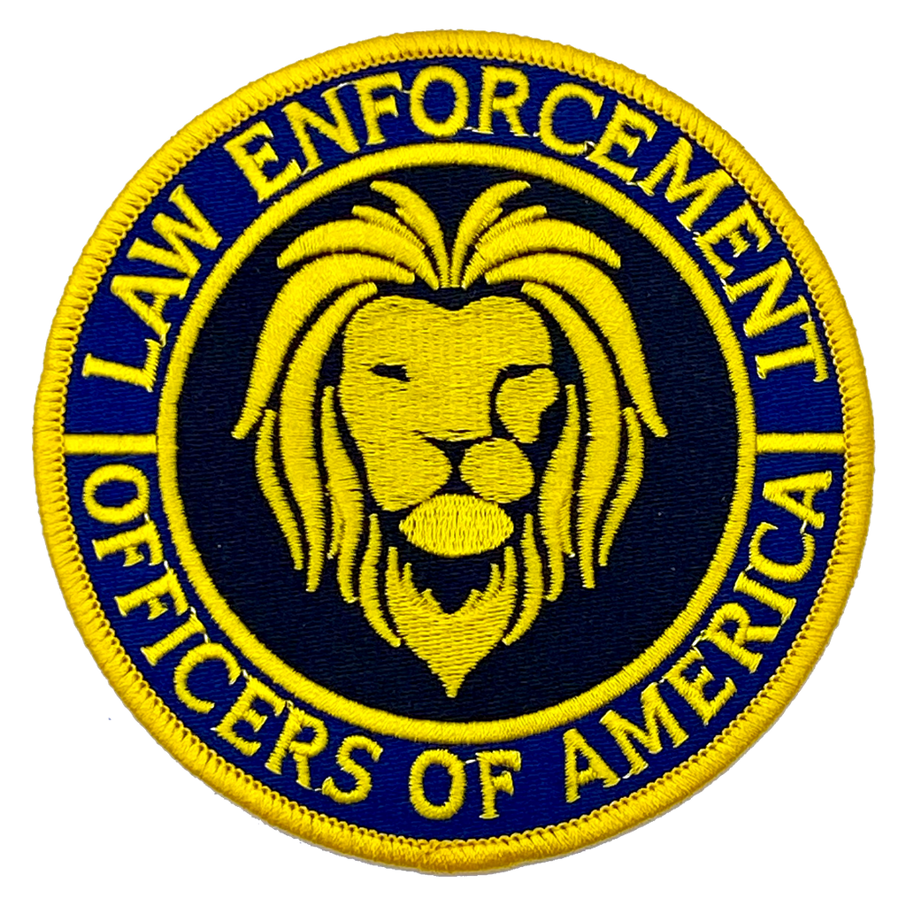 Law Enforcement Officers of America 4 Inch Shoulder Patch for  Patch for all Law Enforcement Officers is 4" diameter featuring a lion's head emerging from a field of black in the middle of a blue border with the words LAW ENFORCEMENT OFFICERS OF AMERICAN. All raised embroidered text and features are in yellow gold.   #4LEOA