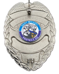 Law Enforcement Officers of America presents the Saint Michael Protect Us Badgetag. ed to back of badge
