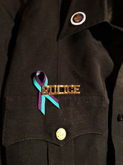 POLICE PTSD/Suicide Awareness Pin & Ribbon Set Teal & Purple Ribbon on uniform