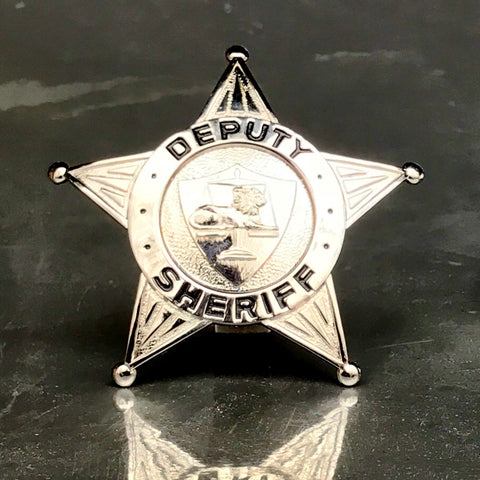 Deputy Sheriff 5 point star Blackinton sil-tone badge with lion on scales of justice sealstock 