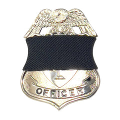 Black 1 inch mourning band for metal polce, fire, ems and other badges by Badgeart on gold and silver badge offered by mourningbands.org