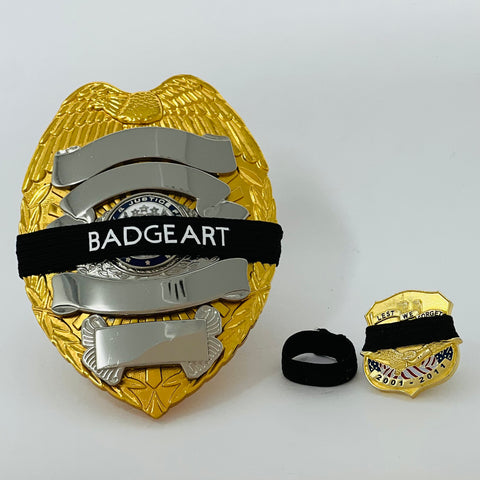 Badgeart_Perfect_Fit_1_4_Inch_Elastic_Mourning_Bands_on_15_ 16_Badge shown with a conventonal badge with band