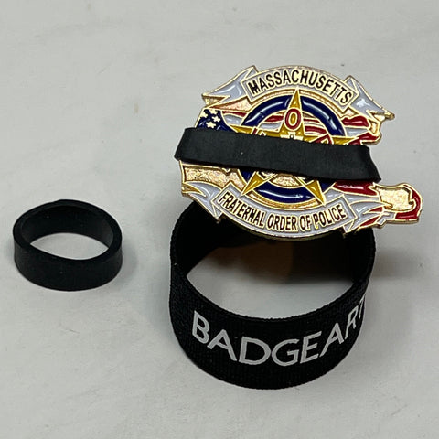 Badgeart_Perfect_Fit_Silicone_Mourning_Bandfor_Small_badges_and_insignia_19-20mm_wide shown on a one size fits most 1/2 band