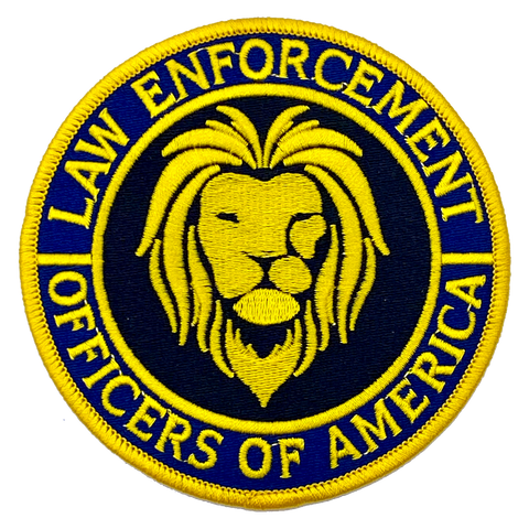 Law Enforcement Officers of America 4 Inch Shoulder Patch for  Patch for all Law Enforcement Officers is 4" diameter featuring a lion's head emerging from a field of black in the middle of a blue border with the words LAW ENFORCEMENT OFFICERS OF AMERICAN. All raised embroidered text and features are in yellow gold.   #4LEOA