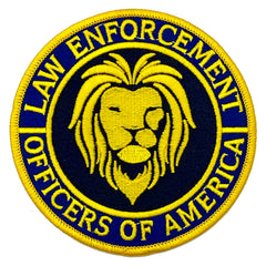 Law Enforcement Officers of America 4 Inch Shoulder Patch for  Patch for all Law Enforcement Officers is 4" diameter featuring a lion's head emerging from a field of black in the middle of a blue border with the words LAW ENFORCEMENT OFFICERS OF AMERICAN. All raised embroidered text and features are in yellow gold.   #4LEOA