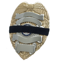 Black 1/2 inch mourning band for metal polce, fire, ems and other badges by Badgeart on gold and silver badge offered by mourningbands.org