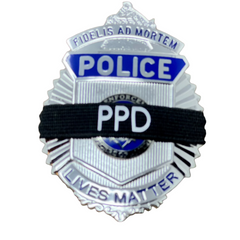 badgeart Personalized custom lettering on a black 1/2" mourning band shown on a police lives matter badge