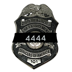 Badgerart Personalized custom printed mourning band shown on a law enforcement officer of america fallen brother badge. officers badge number printed on band