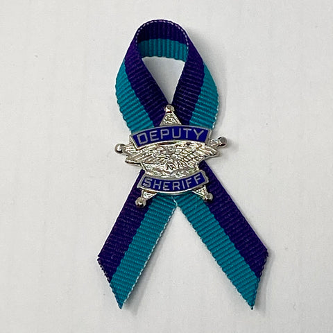 Deputy Sheriff's Arrest PTSD awareness pin with mental wellness suicide prevention awareness ribbon with Black and thin blue line mourning ribbons.