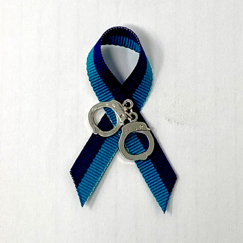 arrest PTSD awareness pin and ribbon set. law enforcement mental wellness and suicide prevention pin suitable for uniformed and civilian advocacy. Copyright badgeart.com.