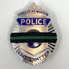 thin green line mourning band by badgeart 1/2 inch  on Police Lives M<atter Fidelis Ad Mortem Faithful onto death badge