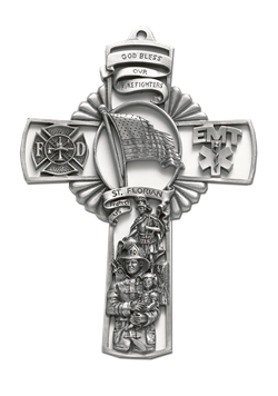 Pewter 5" Cross With Flag and Saint Florian