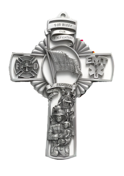 Pewter 5" Cross With Flag and Saint Florian