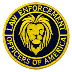 Law Enforcement Officers of America 4 Inch Shoulder Patch for  Patch for all Law Enforcement Officers is 4" diameter featuring a lion's head emerging from a field of black in the middle of a blue border with the words LAW ENFORCEMENT OFFICERS OF AMERICAN. All raised embroidered text and features are in yellow gold.   #4LEOA