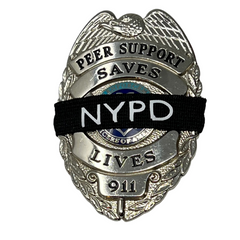 badgeart Personalized custom lettering on a black mourning band1/2" mourning band shown on a peer support saves lives matter badge