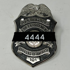 Badgerart custom printed mourning band shown on a law enforcement officer of america fallen brother badge. officers badge number printed on band