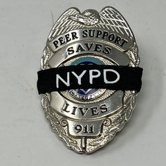 badgeart custom lettering on a black 1/2" mourning band shown on a peer support saves lives matter badge