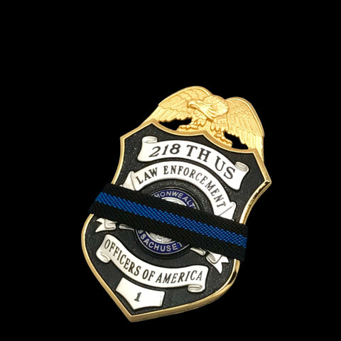 218th US Law Enforcement Officers of America Gold Silver and Black badge with Badgeart thin blue line mourning band