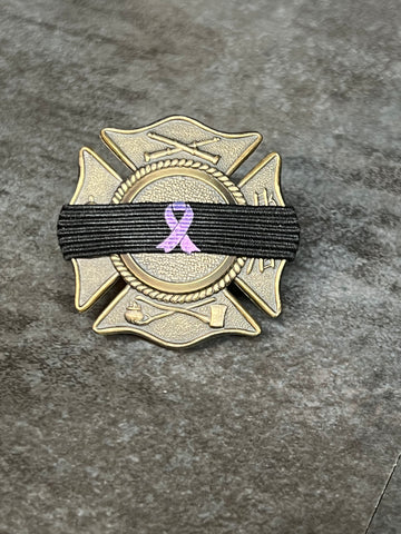 firefighter cancer awareness / mourning band with lavender ribbon on maltase fire department badge